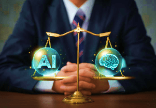 professional sitting behind scale balanced with AI text and brain image